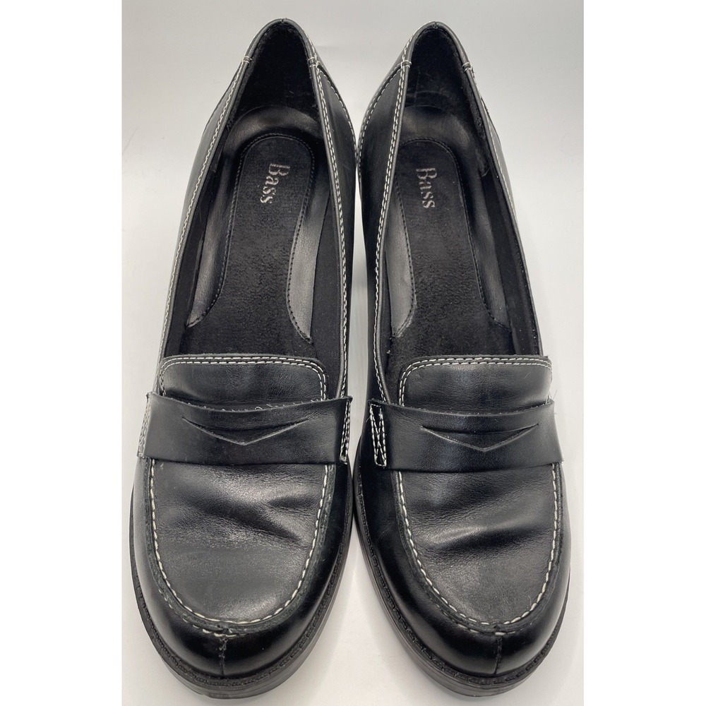 Bass Plaza Y2K Black Leather Penny Loafer Block Heel Pumps Contrast Stitch 9.5 M - Picture 3 of 8